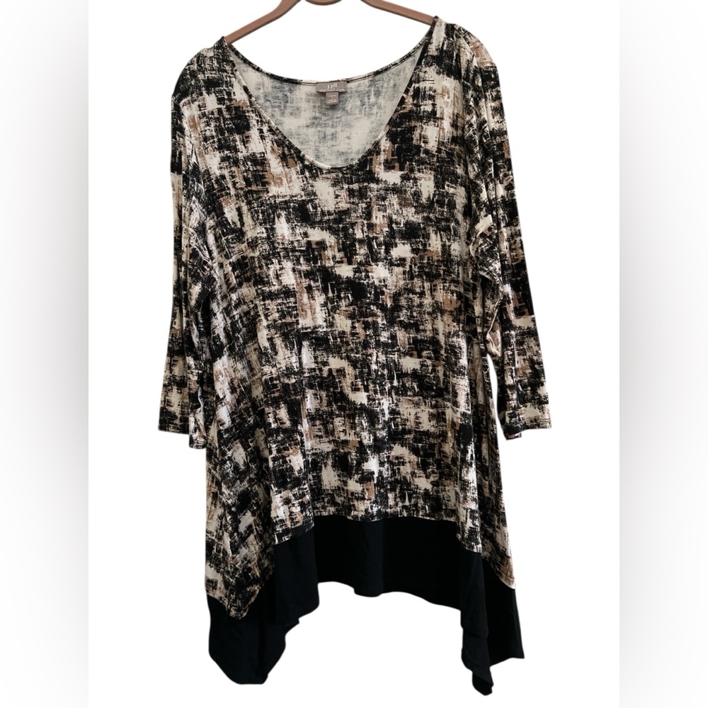 J.Jill  Black & Cream Anstract Print Tunic Top Stretch Rayon Size Large